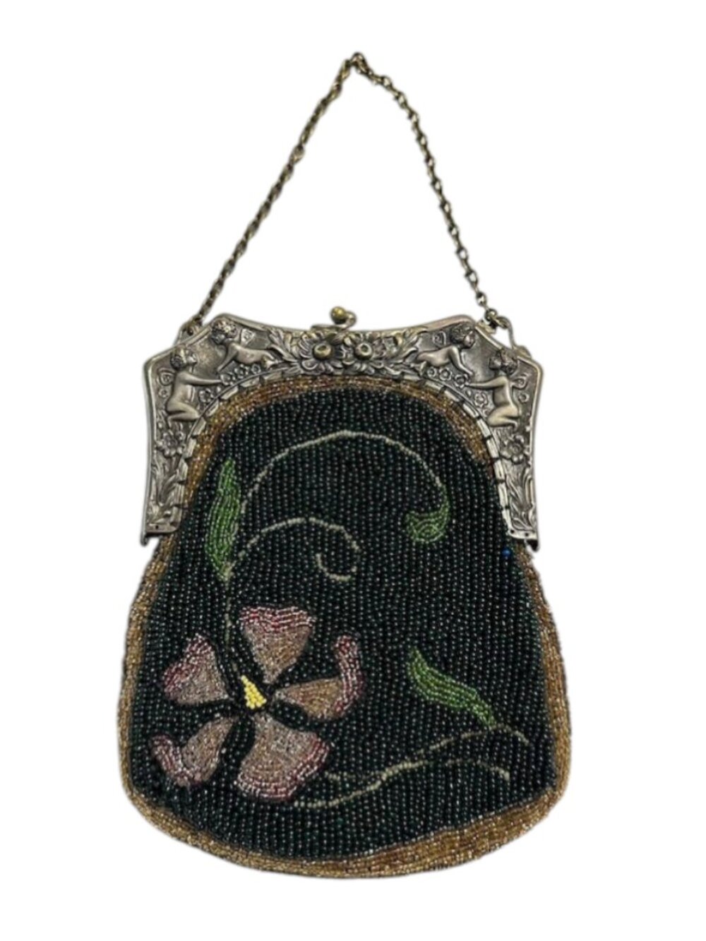 Antique Hand Beaded Art Deco 1920s Evening Bag with Floral Design with Intricate
